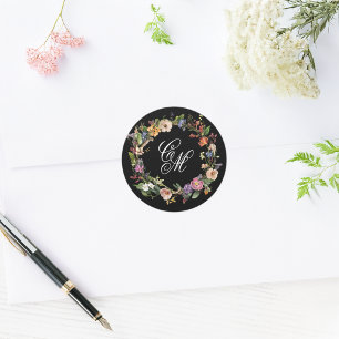 Pegatina Redonda Monograma de flor de guirnalda Bella Artes