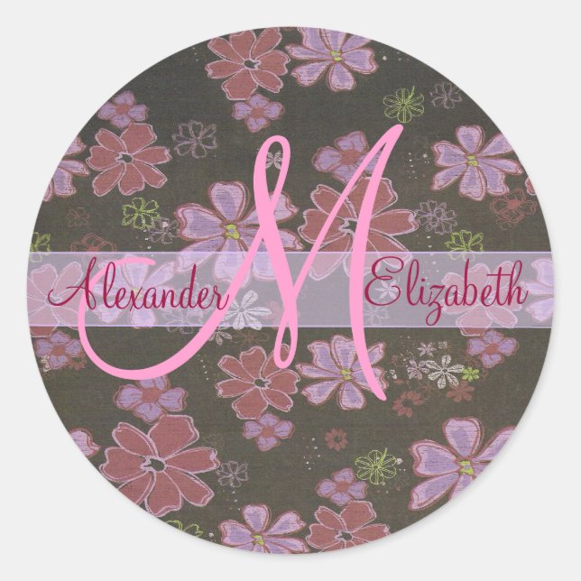 Pegatina Redonda Monograma de flores retro (Anverso)