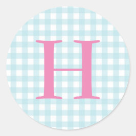 Pegatina Redonda Monograma de Gingham azul