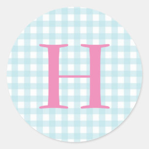 Pegatina Redonda Monograma de Gingham azul