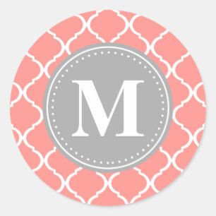 Pegatina Redonda Monograma de gris rosado del Entramado marroquí de