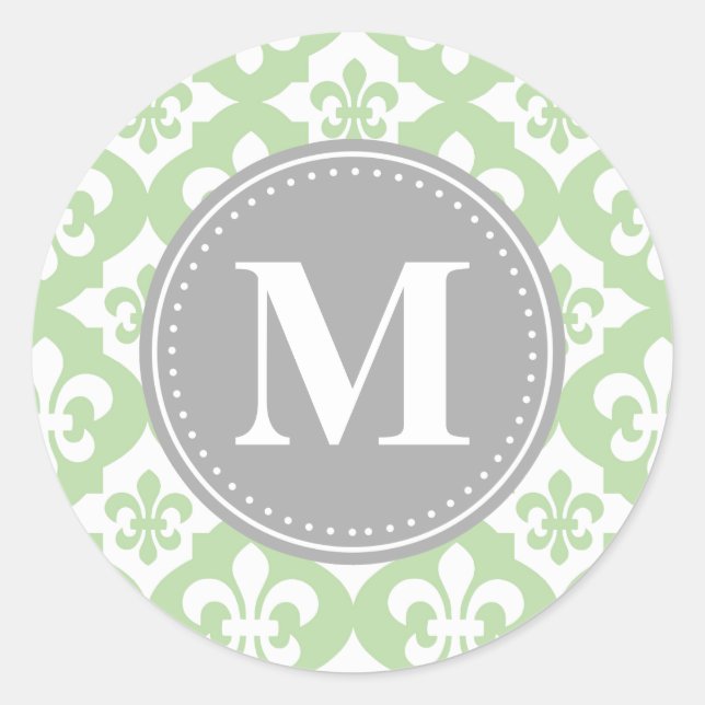 Pegatina Redonda Monograma de gris verde de la menta de la pluma de (Anverso)