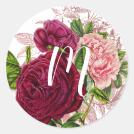 Pegatina Redonda Monograma de guión | Floral rosa y borgoña