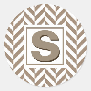 Pegatina Redonda Monograma de Herringbone Blanco Tan