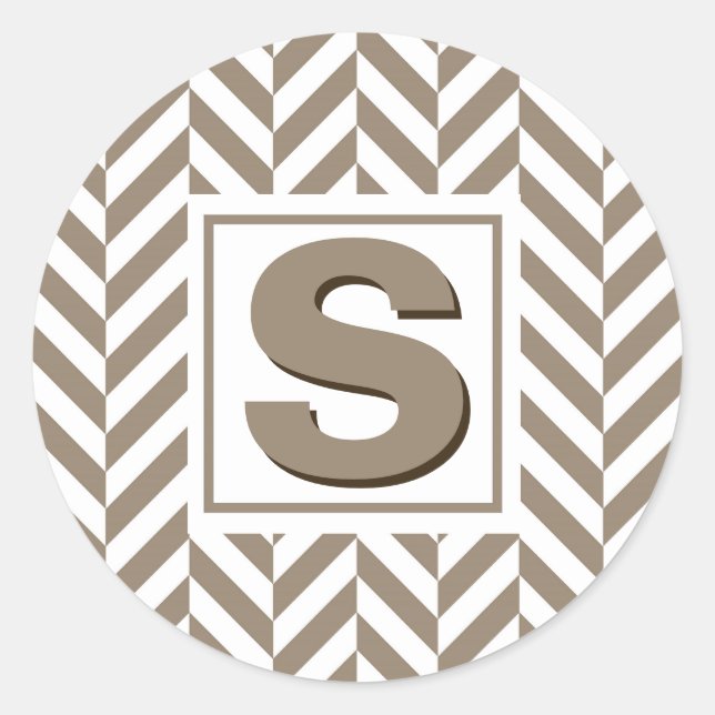 Pegatina Redonda Monograma de Herringbone Blanco Tan (Anverso)