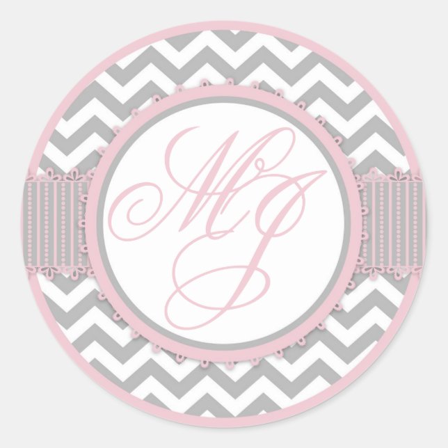 Pegatina Redonda Monograma de impresión de Chevron rosa y gris (Anverso)