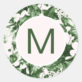 Pegatina Redonda Monograma de impresión de hongos verdes para Navid