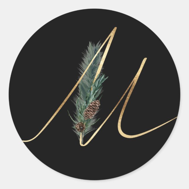 Pegatina Redonda monograma de invierno letra de navidad M (Anverso)