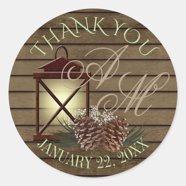 Pegatina Redonda Monograma de invierno Rústico Linterna y Pina (Anverso)