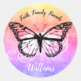 Pegatina Redonda Monograma de la familia del arcoiris de mariposa i