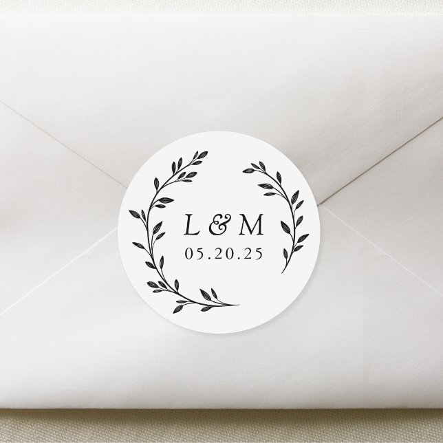 Pegatina Redonda Monograma de Laurel Wreath Boda (Subido por el creador)