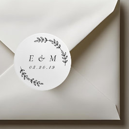 Pegatina Redonda Monograma de Laurel Wreath Boda
