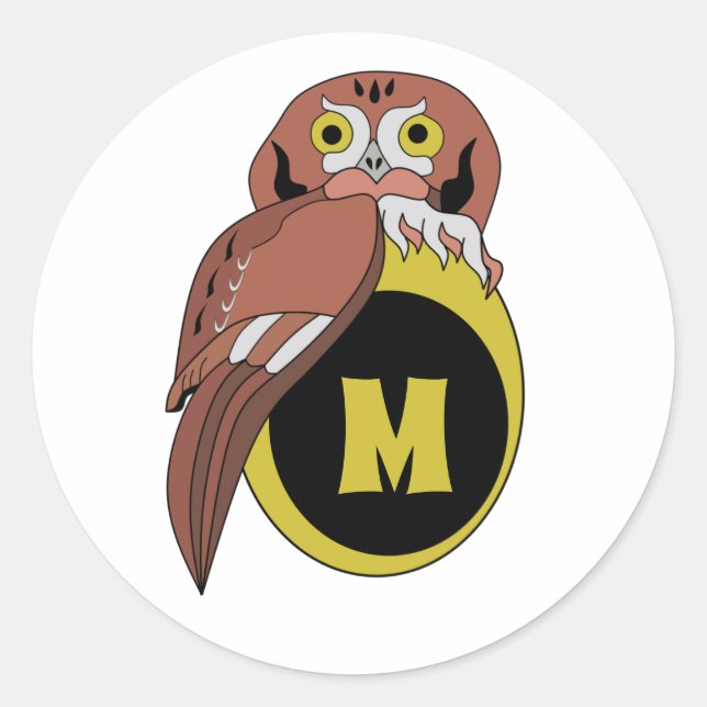 Pegatina Redonda Monograma de lechuza oriental caprichoso (Anverso)