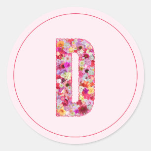 Pegatina Redonda Monograma de letra D floral rosa elegante moderno
