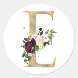 Pegatina Redonda Monograma de letra dorada flores boho borgoña Cl