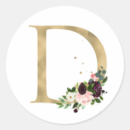 Pegatina Redonda Monograma de letra dorada flores boho borgoña Cla