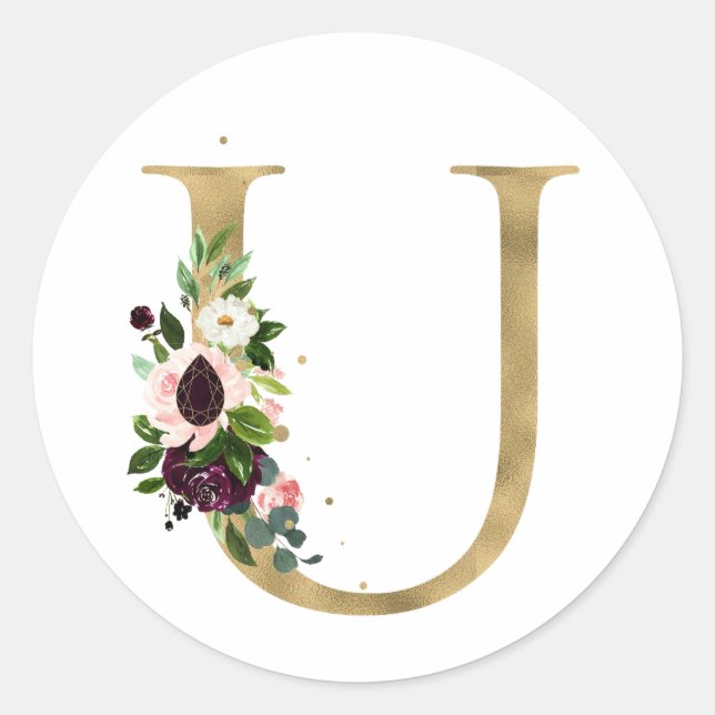 Pegatina Redonda Monograma de letra dorada flores boho borgoña Cla (Anverso)