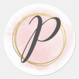 Pegatina Redonda Monograma de letra P Rosa Beige Acuarela Dorado Ch