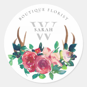 Pegatina Redonda Monograma de los Rústicos Antlers Red Floral Stag