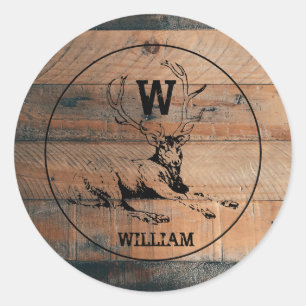 Pegatina Redonda Monograma de madera rústica personalizado