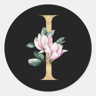 Pegatina Redonda Monograma de magnolia floral en letra dorada I