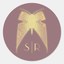 Pegatina Redonda Monograma de mariposa Art Decó Oro rosa