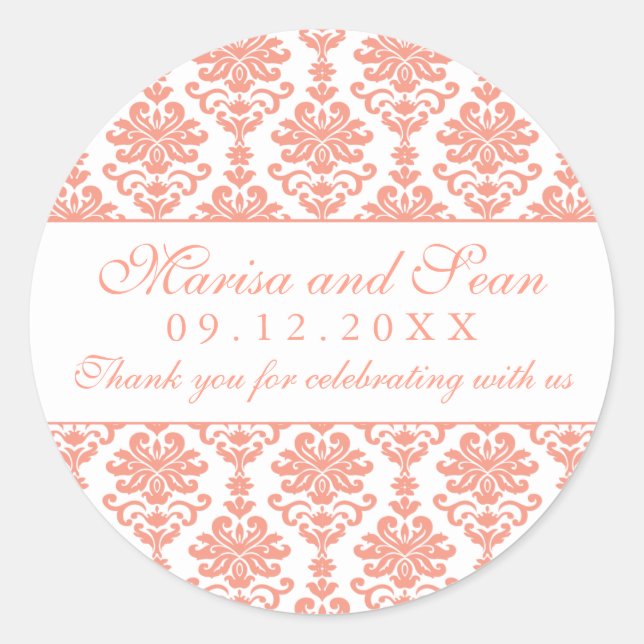 Pegatina Redonda Monograma de matrimonio de coral y damasco blanco  (Anverso)