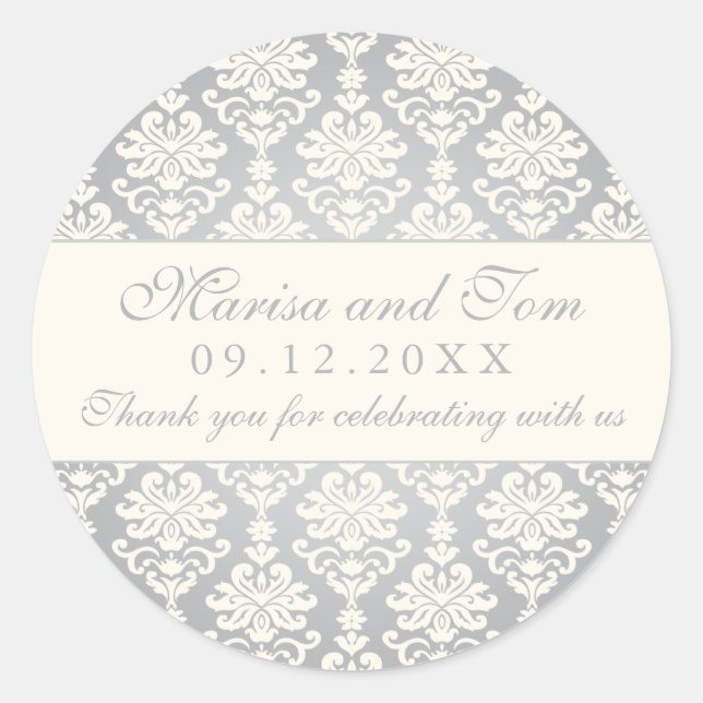 Pegatina Redonda Monograma de matrimonio de damasco de marfil plate (Anverso)