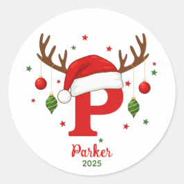 Pegatina Redonda Monograma de Navidad Personalizado Sombrero de San