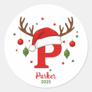 Pegatina Redonda Monograma de Navidad Personalizado Sombrero de San