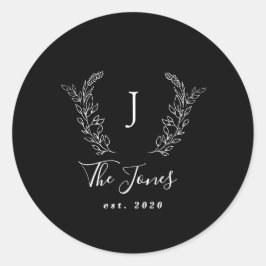 Pegatina Redonda Monograma de nombre de familia elegante personaliz