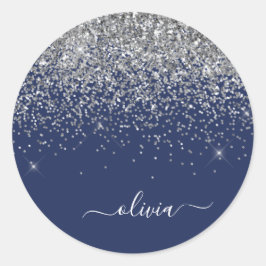 Pegatina Redonda Monograma de nombre femenino con brillo azul marin