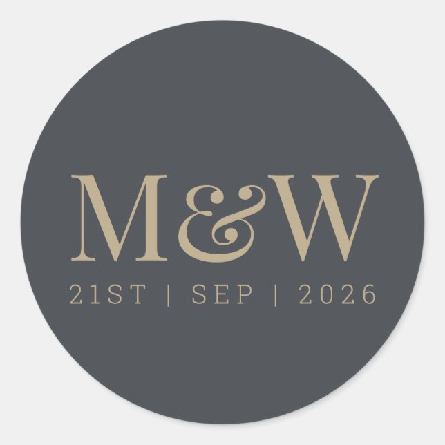 Pegatina Redonda Monograma de Novia Dorada Gris Carbón Moderno (Anverso)