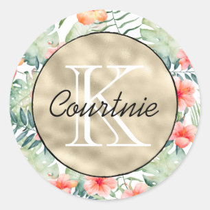 Pegatina Redonda Monograma de oro floral rosa trópico Hibiscus