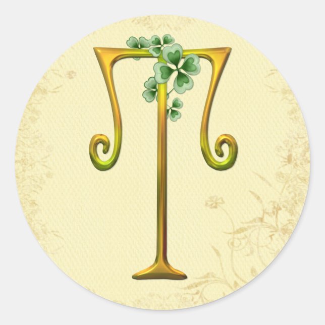 Pegatina Redonda Monograma de oro irlandés T (Anverso)