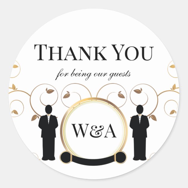 Pegatina Redonda Monograma de oro masculino Boda LGBTQ (Anverso)