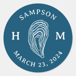 Pegatina Redonda Monograma de ostión naumático con fecha de nombre