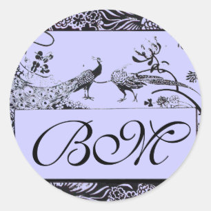 Pegatina Redonda MONOGRAMA DE PÁJAROS DE AMOR DE BODAS, negro y bla