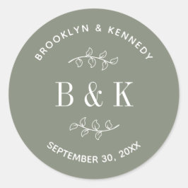 Pegatina Redonda Monograma de Pareja Nombre Botánico Floral Verde S