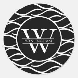 Pegatina Redonda Monograma de patrón de onda blanca y negra con nom