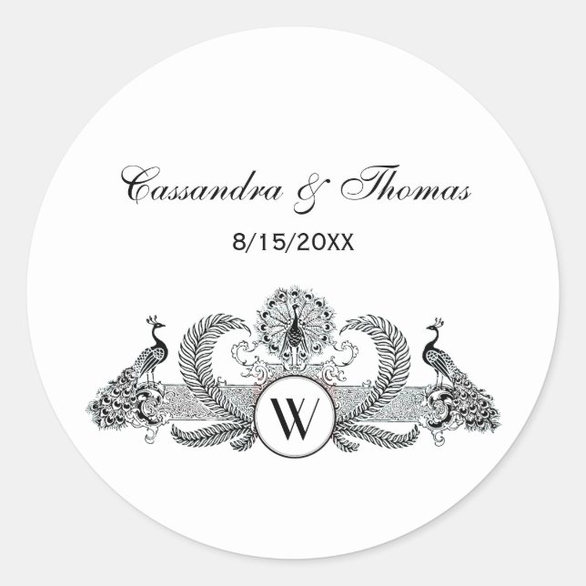 Pegatina Redonda Monograma de pavos reales (Anverso)
