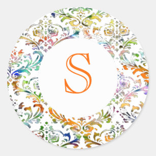Pegatina Redonda Monograma de Personalizable de Damasco colorido