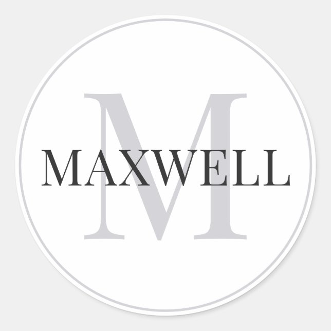 Pegatina Redonda Monograma de Personalizado gris negro minimalista (Anverso)