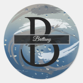 Pegatina Redonda Monograma de pincel negro, blanco y gris