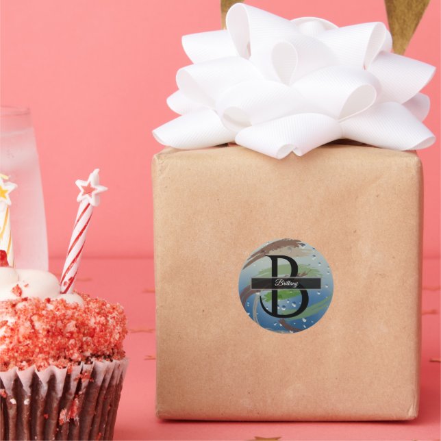 Pegatina Redonda Monograma de pincel verde, marrón y beige (Fiesta)