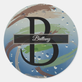 Pegatina Redonda Monograma de pincel verde, marrón y beige