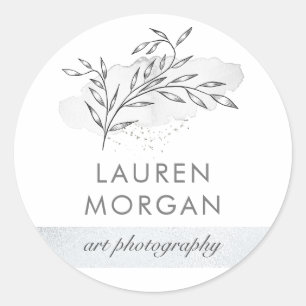 Pegatina Redonda Monograma de plata botánica minimalista