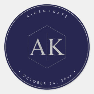 Pegatina Redonda Monograma de plata de Faux de DIY