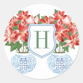 Pegatina Redonda Monograma de poinsettia roja festiva de Navidad