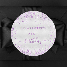 Pegatina Redonda Monograma de polvo de purpurina púrpura de plata d